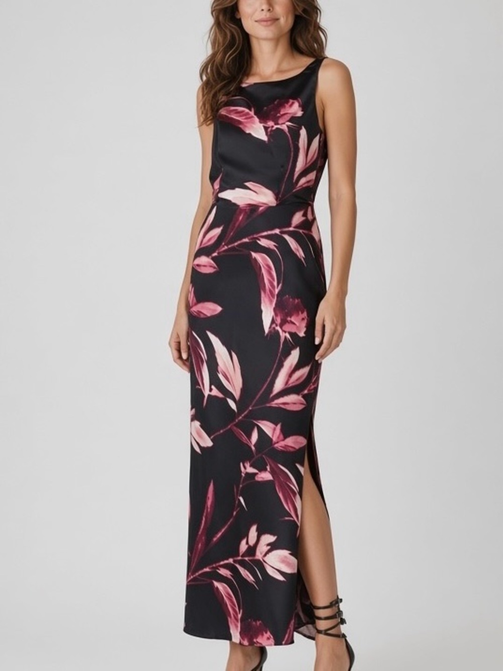 NWT Derek Lam 10 Crosby Crescent Satin Maxi Dress Blur Floral Print Black Pink 2